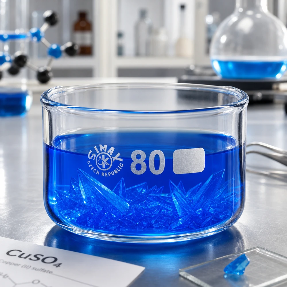 Kristallisierschale 150ml ohne Ausguss Borosilikatglas ø80mm mit Kupfersulfat-Kristallen Labor