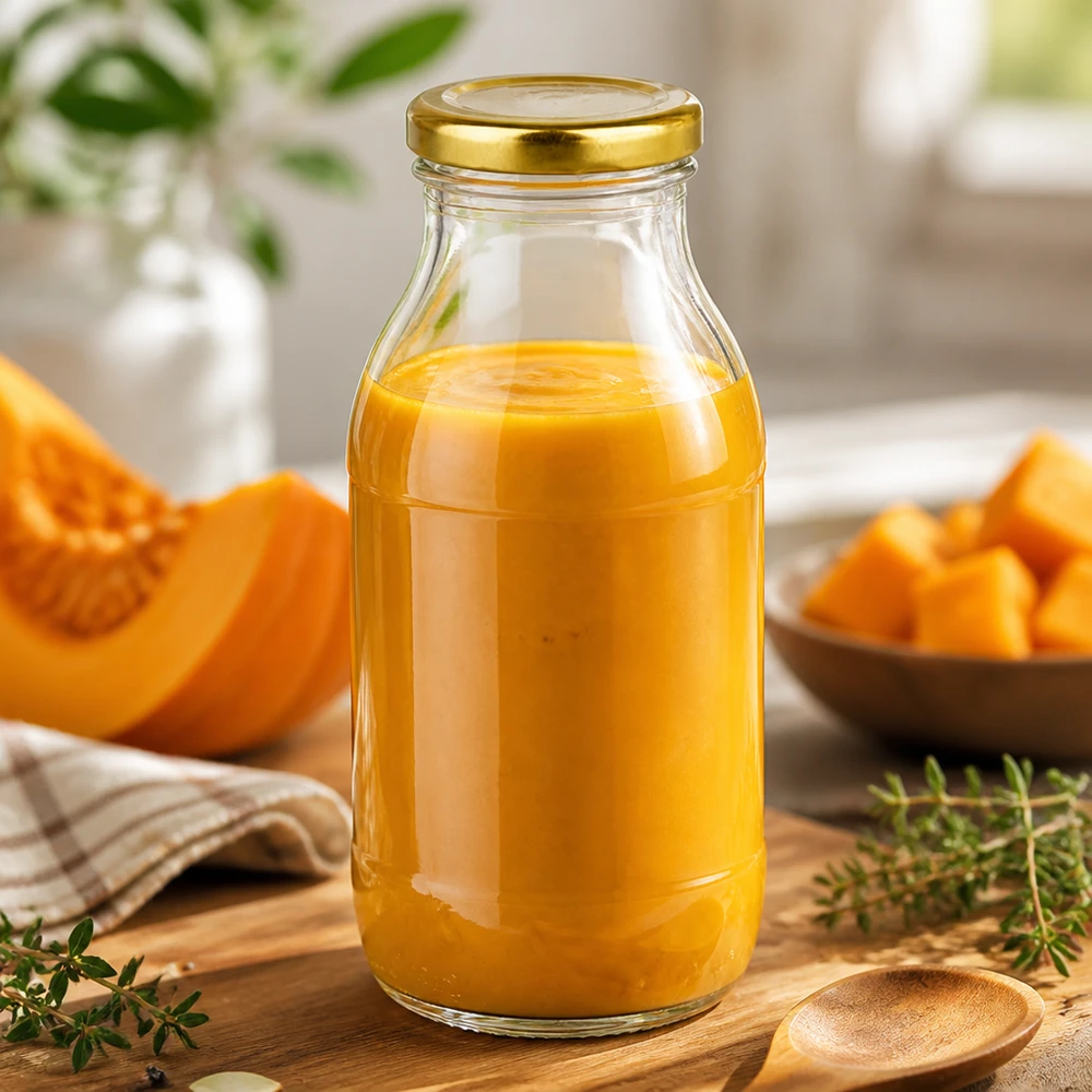 250ml Glasflasche mit goldenem BasicSeal Deckel UNiTWIST befüllt mit Kürbismus für gewerbliche Abfüllung