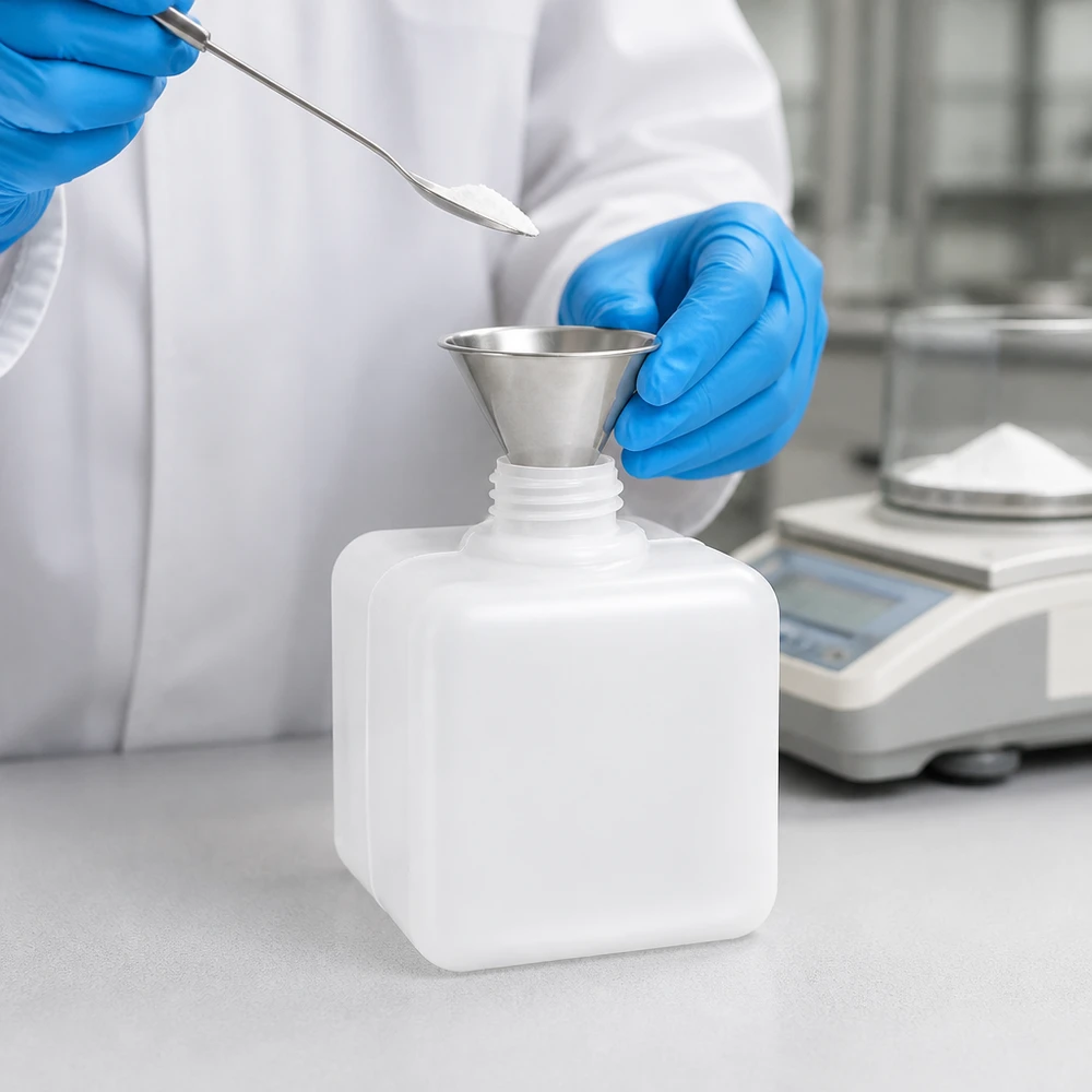 Chemikalienflasche 500ml Enghals PE-HD GL32 beim professionellen Abfüllen von Pulver im Labor