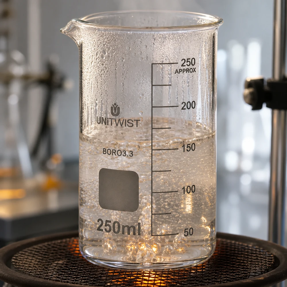 Becherglas 250ml Borosilikat, hohe Form UNiTWIST Becherglas 250ml Borosilikat hohe Form UNITWIST kochend erhitzt auf Heizplatte im Labor