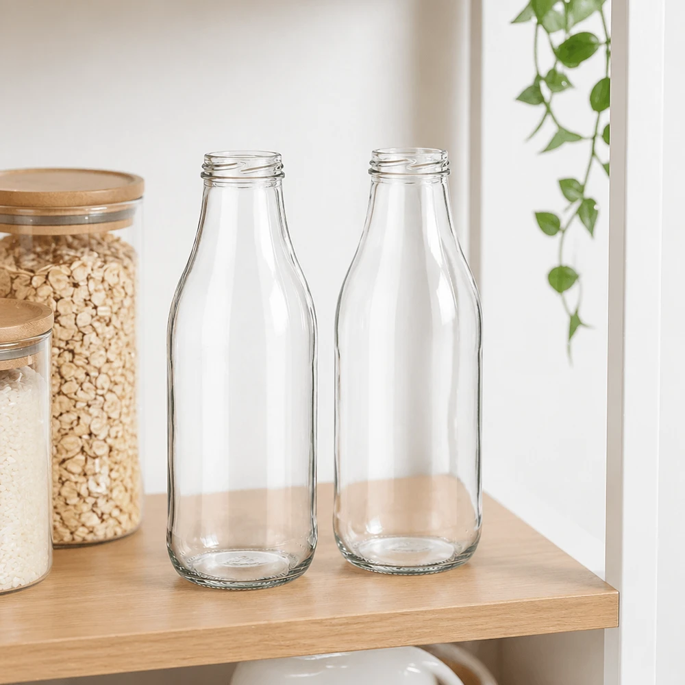 1000ml Glasflasche ohne Deckel (TO48) UNiTWIST 1000ml Glasflaschen TO48 UNiTWIST zwei leere Milchflaschen auf Holzregal in moderner Küche mit Vorratsgläsern