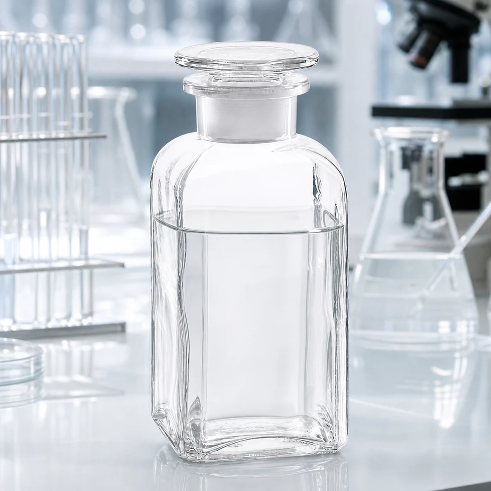Vierkantflasche 350ml klar Weithals Glasstopfen Vierkantflasche 350ml Weithals aus Klarglas mit Glasstopfen für professionellen Labor- und Gewerbeeinsatz
