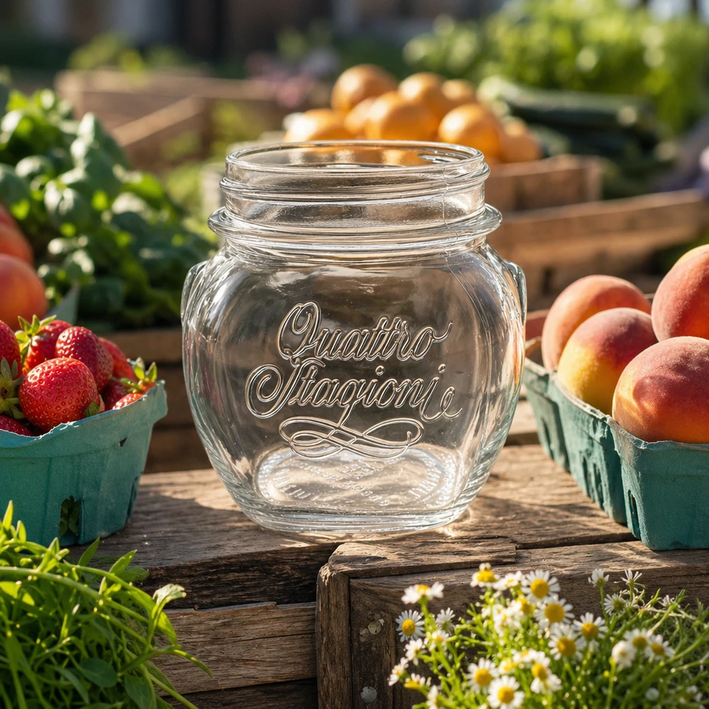 300ml Rundglas "Quattro Stagioni" QS70mm 300ml Quattro Stagioni Haushaltsglas leer auf Holztisch mit frischen Erdbeeren und Pfirsichen in rustikaler Küche