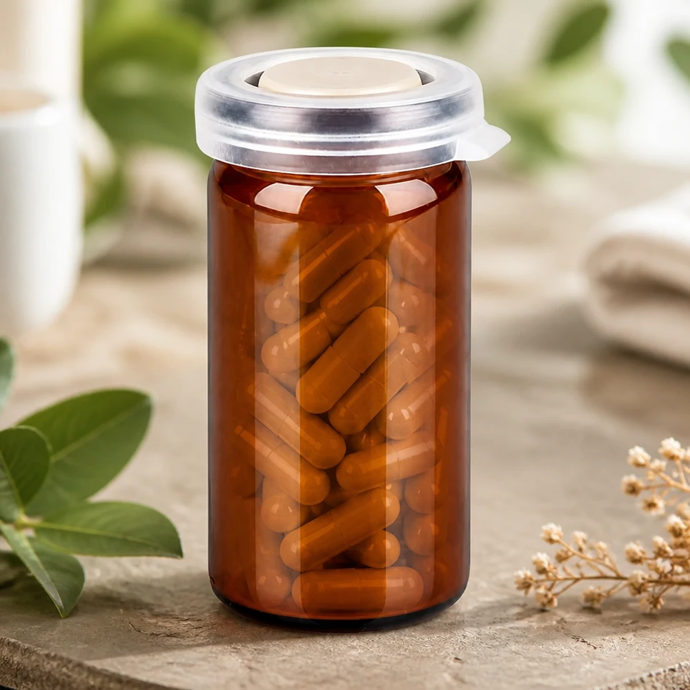 Tabletten/Rollrandglas 10ml braun mit Schnappdeckel Braunes Rollrandglas 10ml mit Schnappdeckel gefüllt mit Kapseln für professionelle Abfüllung