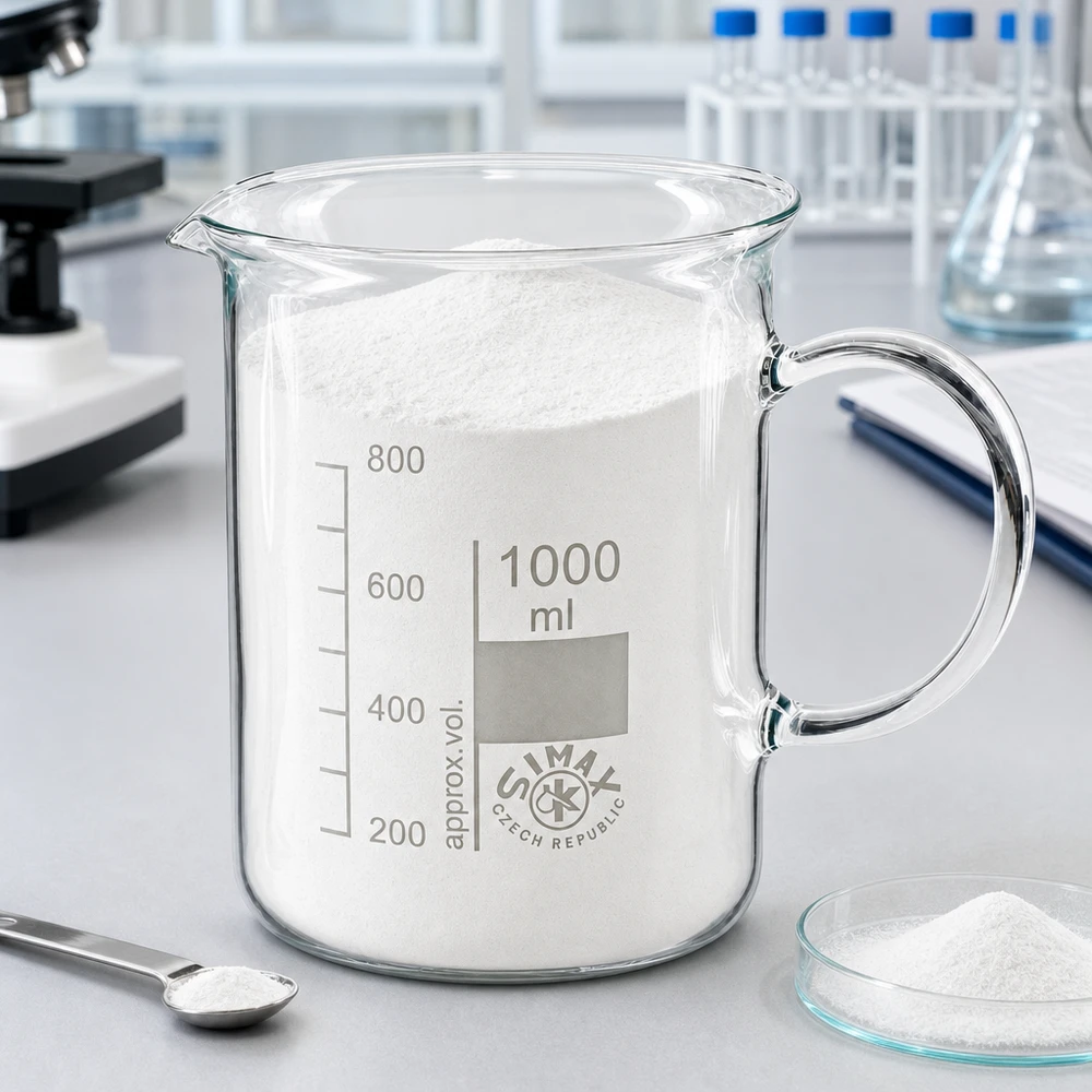 Becherglas 1000ml Borosilikatglas, mit Henkel Becherglas 1000ml Borosilikatglas mit Henkel gefüllt mit weißem Pulver im Laborumfeld