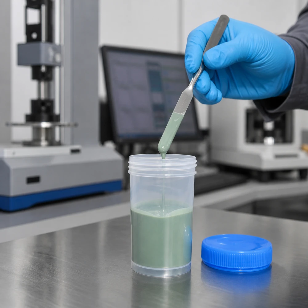 Laborant entnimmt Probe mit Pinzette aus 100ml Universal Kunststoffdose mit blauem Schraubdeckel im Labor