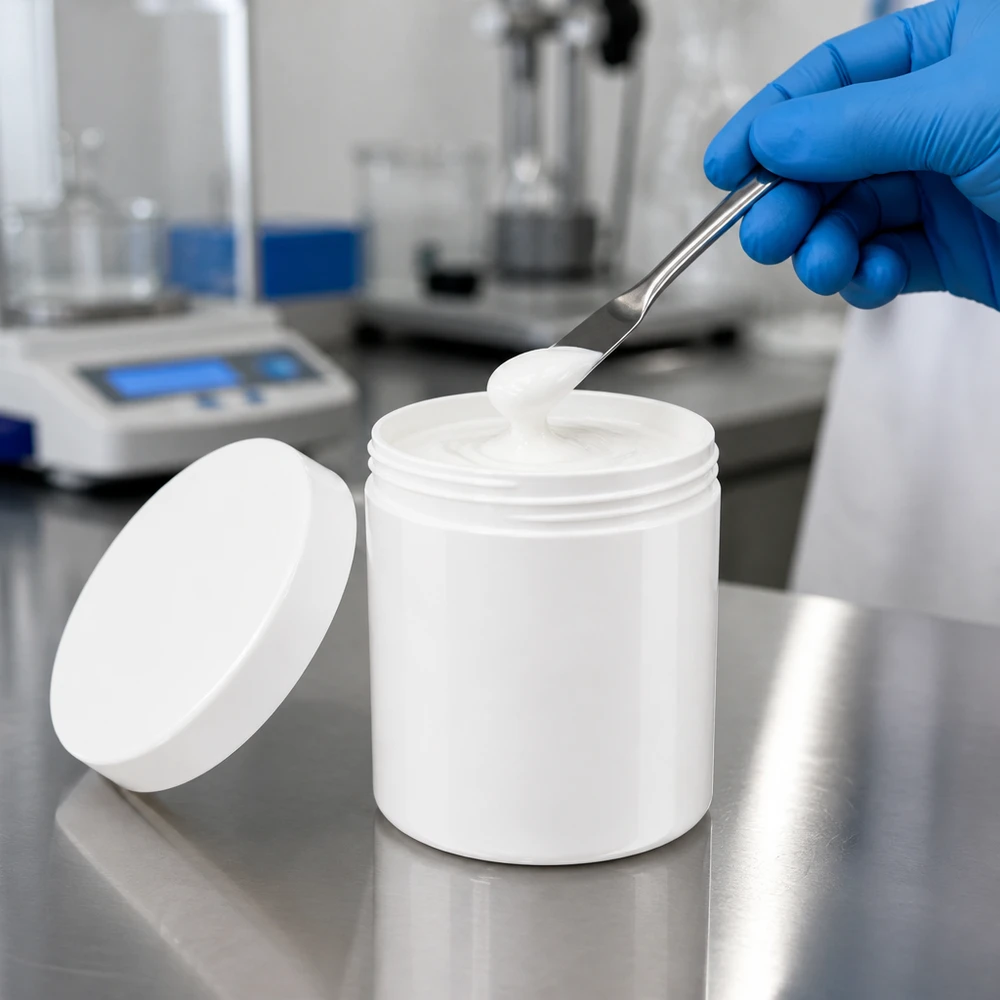 Salbenkruke 800g weiß PP mit Schraubdeckel im Labor für professionelle pharmazeutische Anwendungen