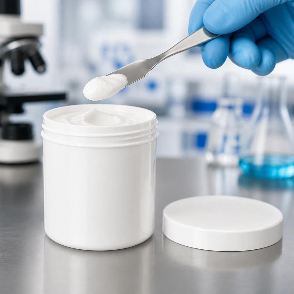 Salbenkruke 20g weiß mit weißem Schraubdeckel (Polypropylen) Weiße PP Salbenkruke 20g mit Schraubdeckel im Labor für pharmazeutische und kosmetische Anwendungen