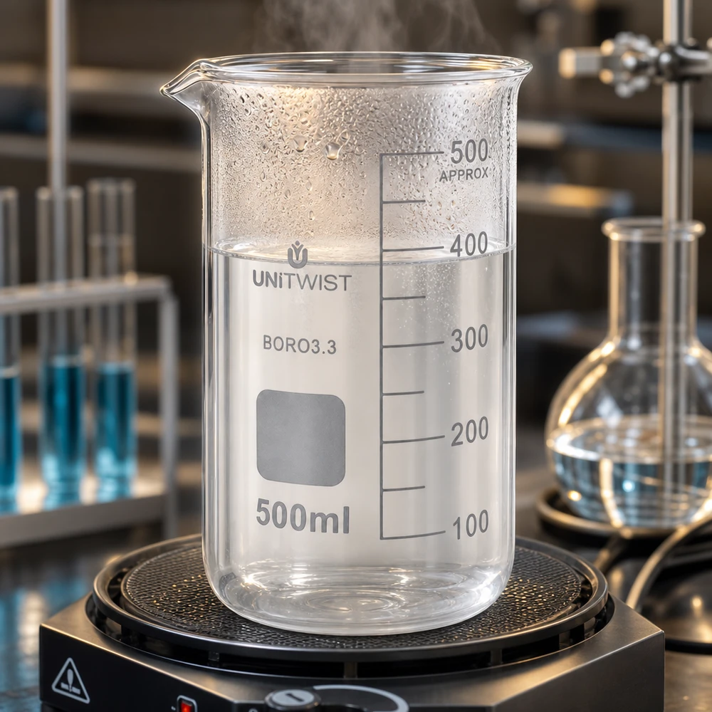 Becherglas 500ml Borosilikat hohe Form UNITWIST auf Heizplatte im Labor professioneller Einsatz