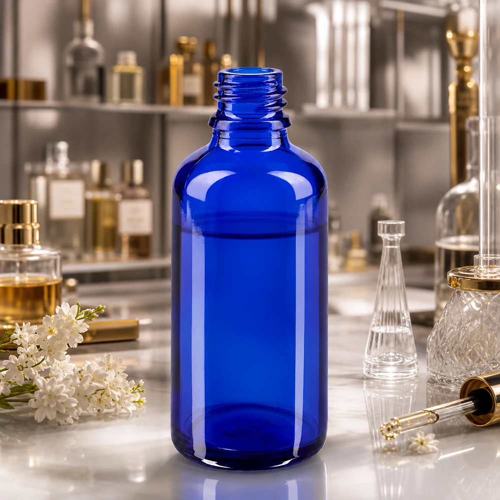 Tropfflasche 50ml DIN 18 BLAUGLAS 50ml blaue Apothekerflasche aus hochwertigem ApoGlas für professionelle pharmazeutische und kosmetische Anwendungen