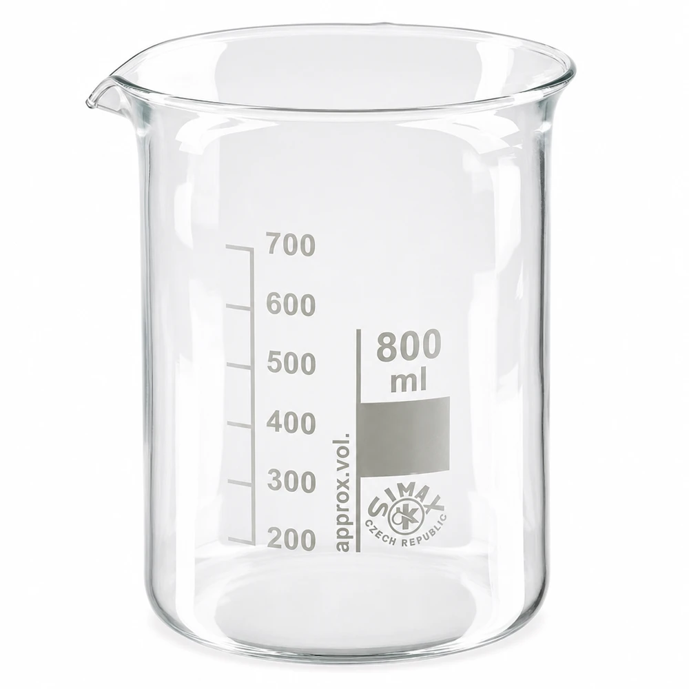 Becherglas 800ml Borosilikatglas, niedrige Form Becherglas 800ml niedrige Form aus Borosilikatglas für professionelle Laboranwendungen bei Pacadura Fachhandel