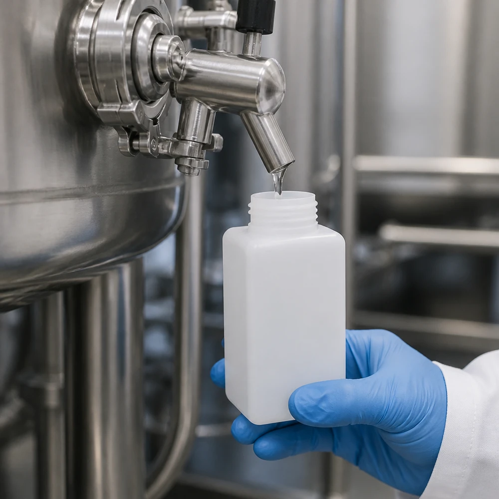 Chemiekalienflasche 1500ml, Weithals aus PE-HD, naturfarbig Chemikalienflasche 1500ml Weithals PE-HD naturfarbig bei industrieller Probeentnahme mit Schutzhandschuhen