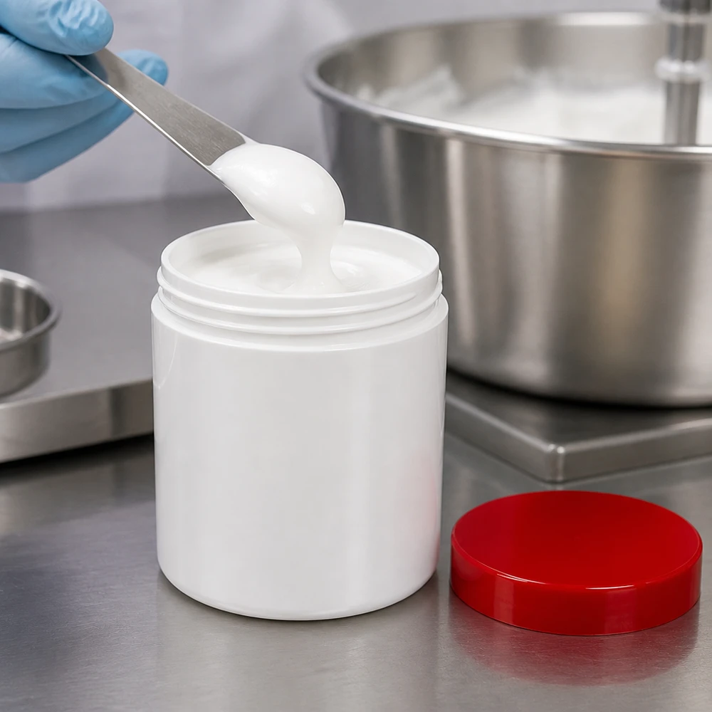 Salbenkruke 30g weiß PP-Kunststoff mit rotem Schraubdeckel für professionelle Abfüllung pharmazeutischer Cremes