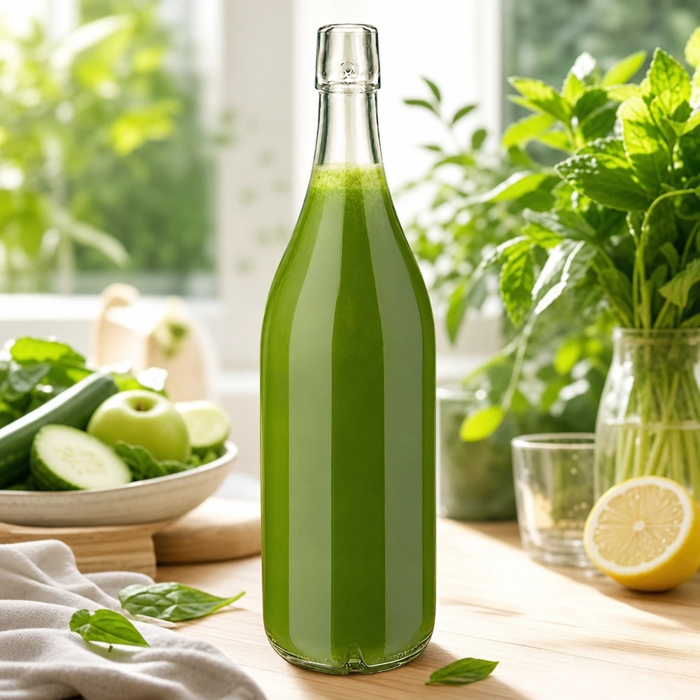1000ml Glasflasche ohne Bügelverschluss UNiTWIST® Glasflasche 1000ml UNiTWIST mit grünem Smoothie befüllt frisches Gemüse Obst Küchenszene gesunde Ernährung