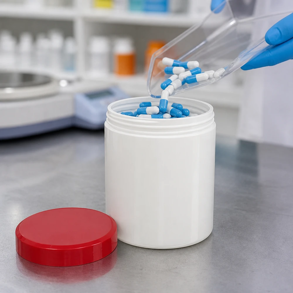 Salbenkruke 30g weiß mit rotem Schraubdeckel (Polypropylen) Salbenkruke 30g weiß PP-Kunststoff mit rotem Schraubdeckel für pharmazeutische Abfüllung im Labor