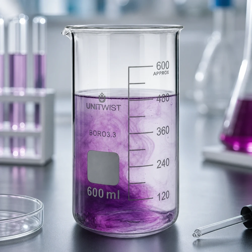 Becherglas 600ml Borosilikat, hohe Form UNiTWIST Becherglas 600ml Borosilikat hohe Form UNITWIST mit lila Lösung im Labor für professionellen Einsatz