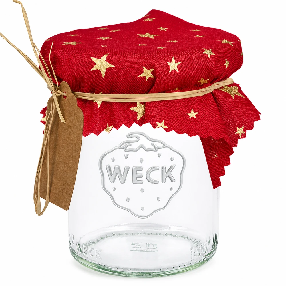 Stoff Schmuckdeckchen rot "Sterne" 12cm eckig Stoff Schmuckdeckchen rot mit goldenen Sternen 12cm eckig auf WECK Einmachglas mit Schleife und Anhänger