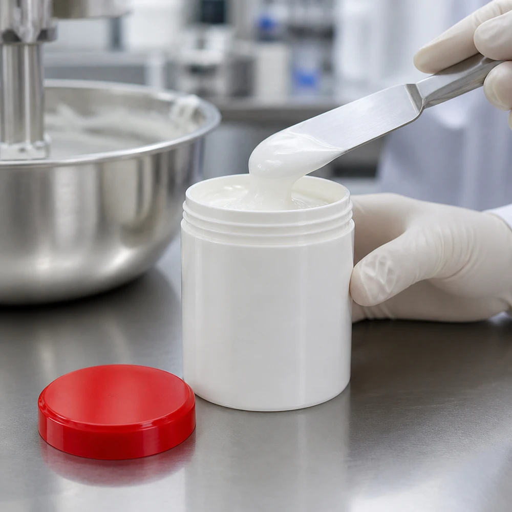 Salbenkruke 10g weiß mit rotem Schraubdeckel (Polypropylen) Salbenkruke 10g aus PP weiß mit rotem Schraubdeckel für professionelle pharmazeutische Abfüllung