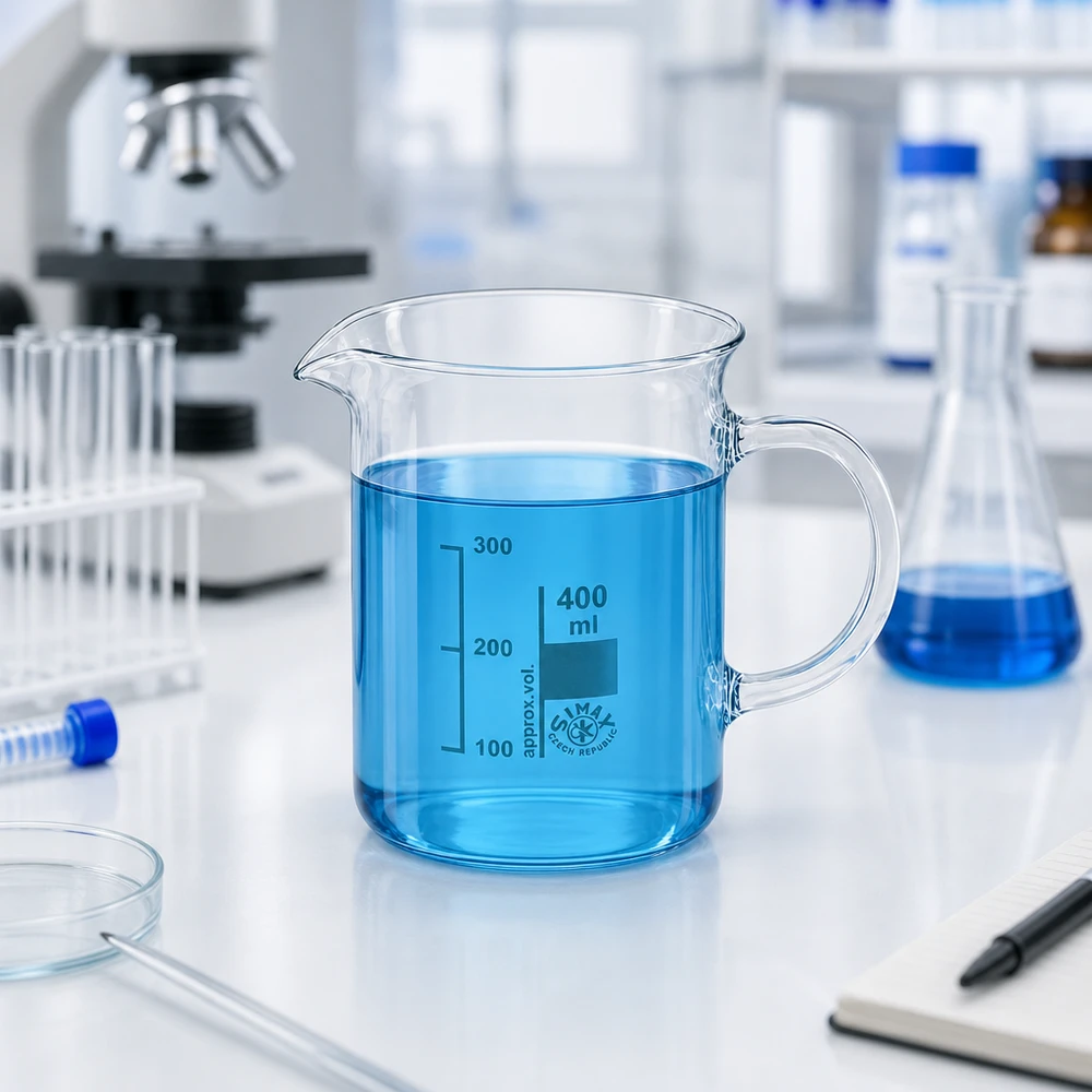 Becherglas 400ml Borosilikatglas, mit Henkel Becherglas 400ml Borosilikatglas mit Henkel gefüllt mit blauer Flüssigkeit im Labor
