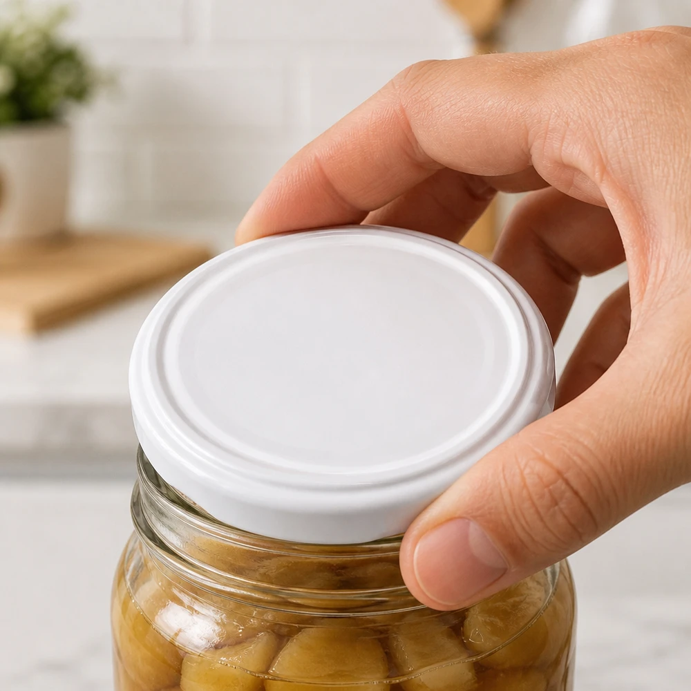UNiTWIST TO82 weißer BioSeal BPA-NI Twist-Off-Deckel unitemp auf Einmachglas mit Früchten Profi-Verschluss Pacadura