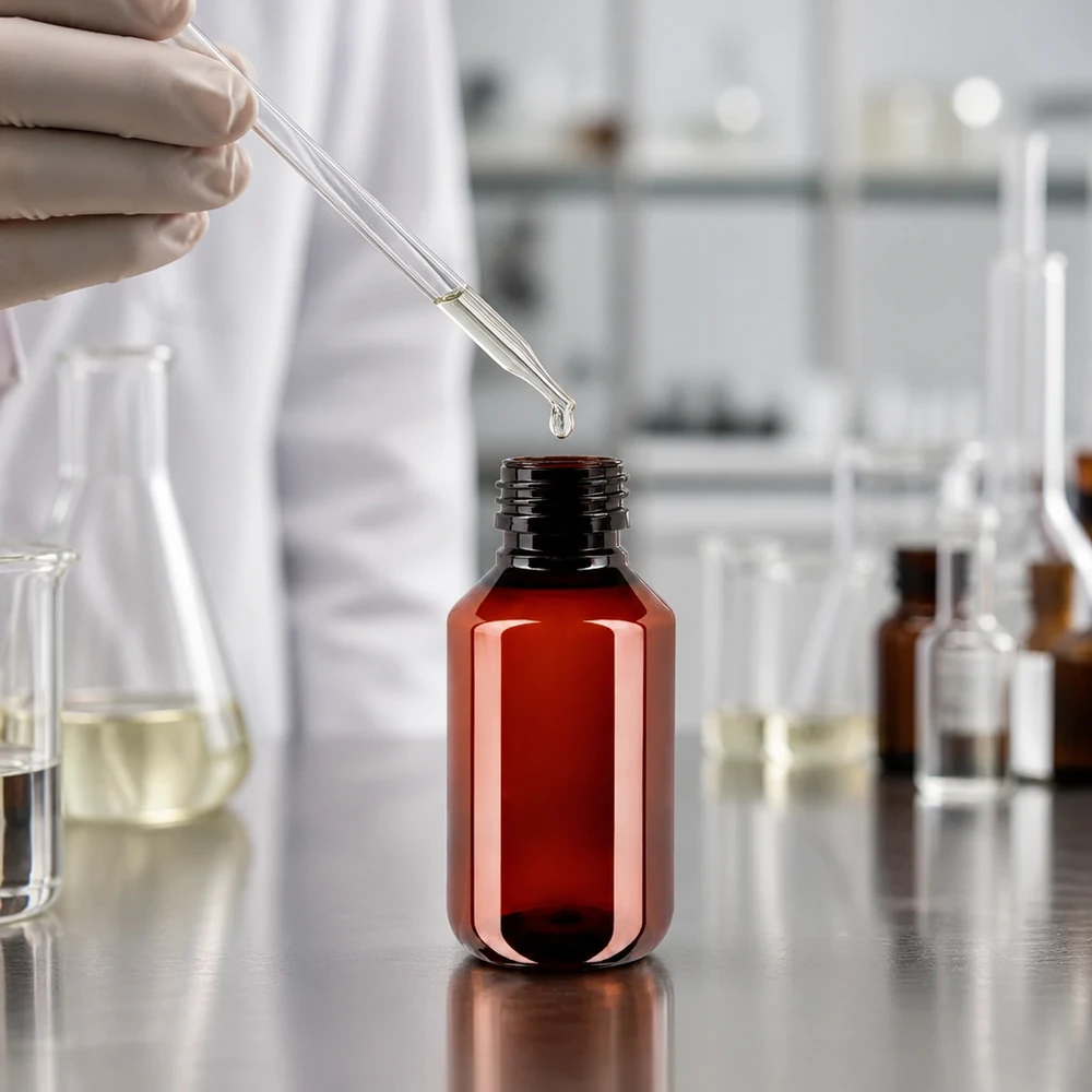 PET Flasche 100ml PP28 ohne Verschluss PET Flasche 100ml PP28 bernsteinfarben ohne Verschluss für professionellen Laboreinsatz bei Pacadura