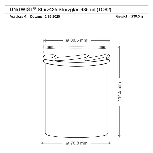Technische Zeichnung UNiTWIST Sturz435 Einmachglas 435ml mit Maßangaben Durchmesser 80,5mm Höhe 114,5mm TO82