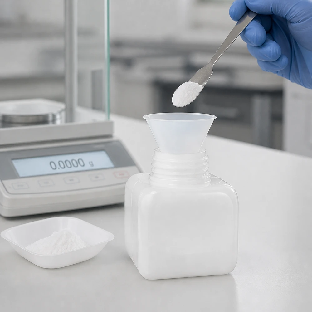 Chemikalienflasche 250ml Weithals PE-HD naturfarben zum präzisen Abfüllen von Laborpulver im Fachhandel