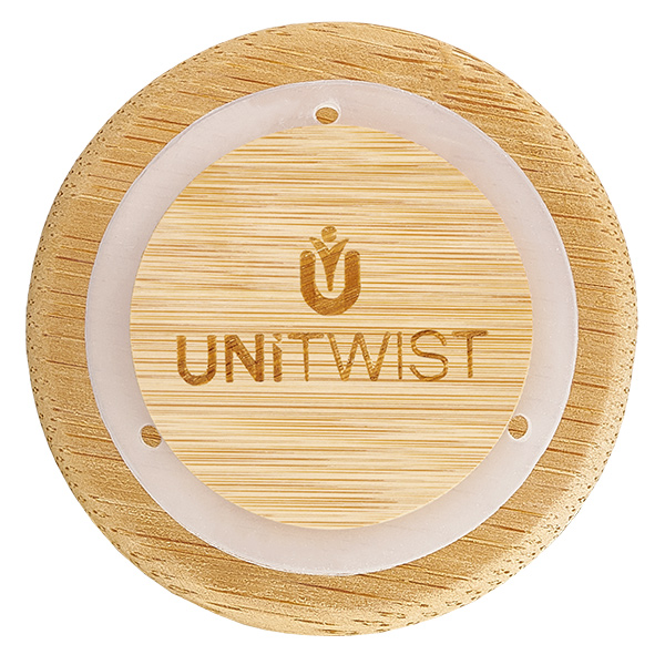 Holzdeckel WECK RR40 Version A von oben mit UNITWIST Logo Gravur und Eichenholz Struktur natürliche Maserung