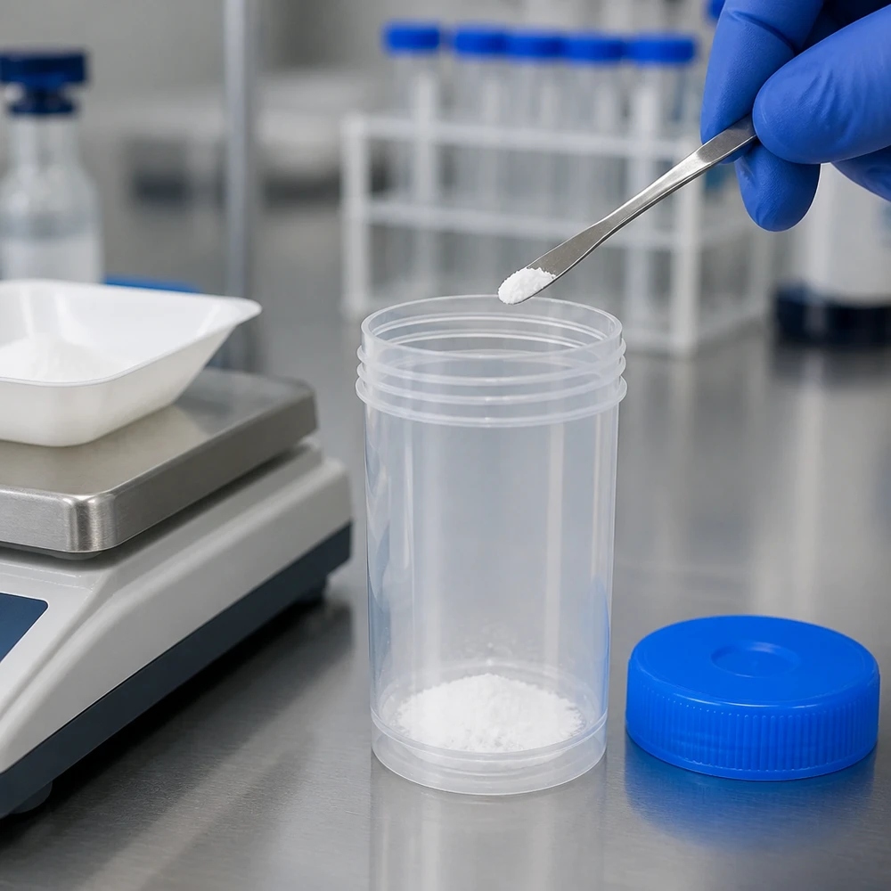 Kunststoffdose 100ml mit blauem Schraubdeckel im Labor für professionelle Probenentnahme und sichere Aufbewahrung
