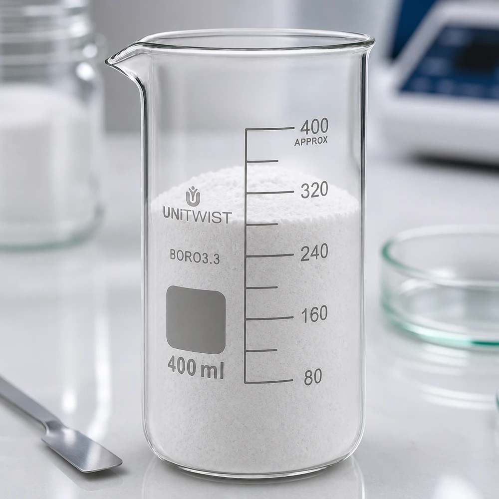 Becherglas 400ml Borosilikat hohe Form UNITWIST mit weißem Pulver im Labor Profi-Laborglas BORO3.3
