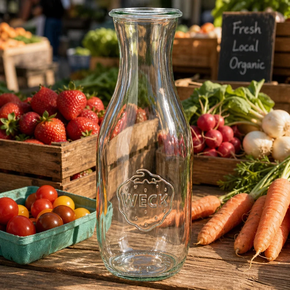 WECK Saftflasche 1062ml RR60 auf Holztisch mit frischem Marktgemüse Karotten Radieschen Tomaten und Bio-Schild
