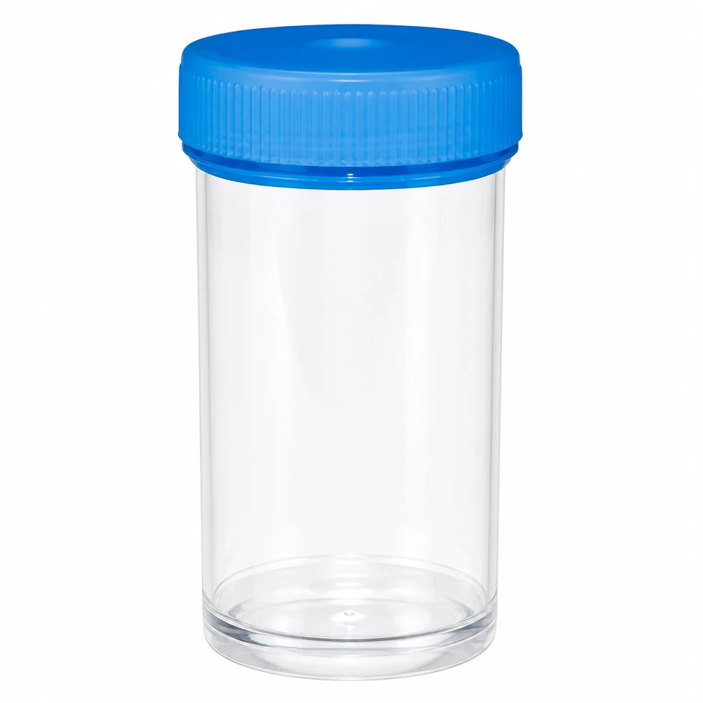 Universal Kunststoffdose (Pathogefäss) 50ml Transparente Kunststoffdose 50ml mit blauem Schraubdeckel Pathogefäss für professionellen Laboreinsatz