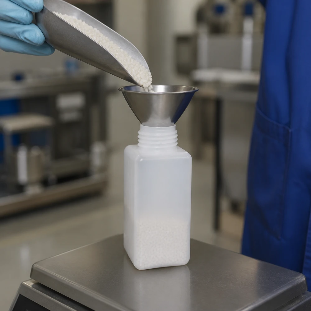 Chemikalienflasche 1500ml Weithals PE-HD naturfarben beim Befüllen mit Granulat im Labor