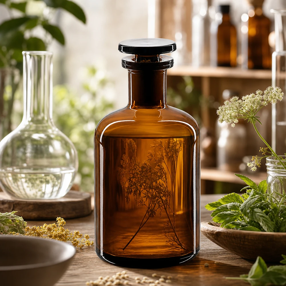 Rundschulterfl. 100ml braun Enghals Glasstopfen Braune Enghals-Rundschulterflasche 100ml mit Glasstopfen für professionellen Laborbedarf