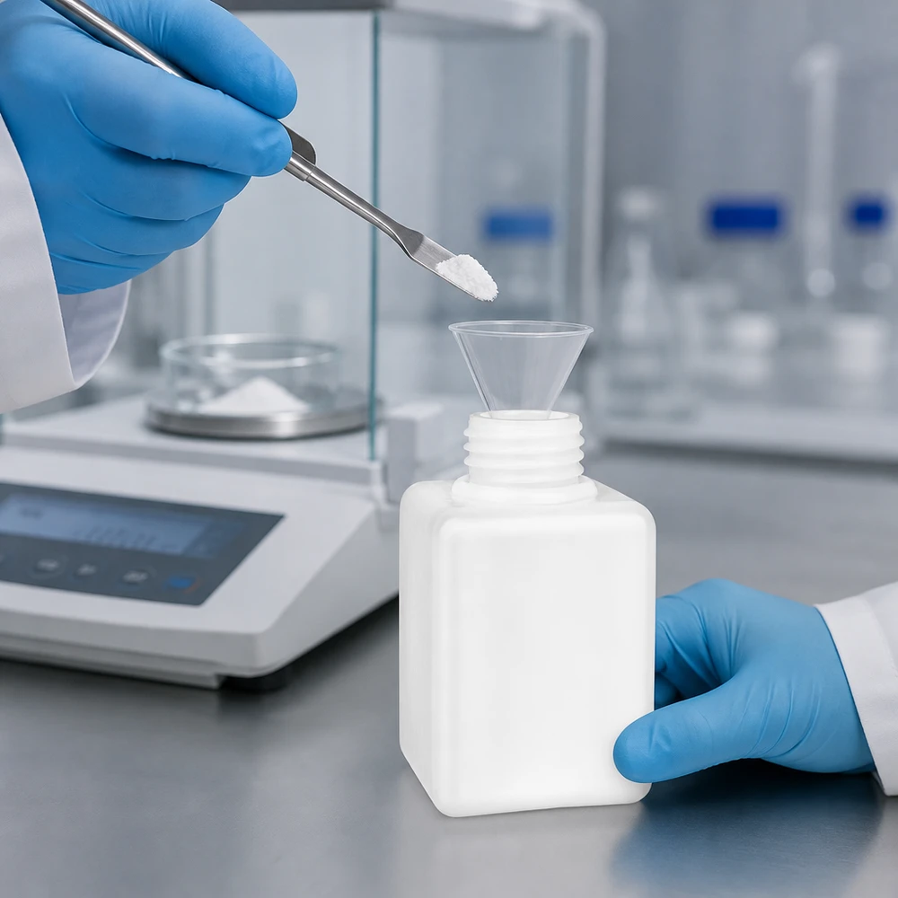 Chemikalienflasche 100ml PE-HD Enghals GL25 beim präzisen Abfüllen von Pulver im Labor