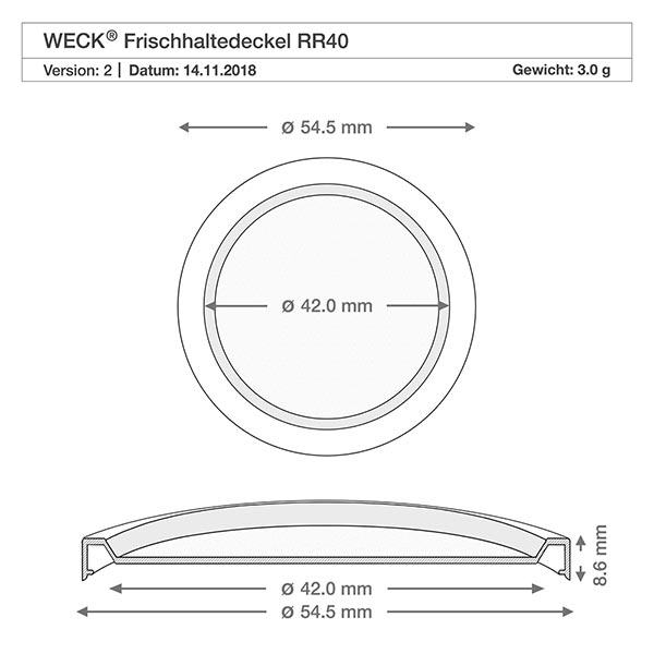 WECK Frischhaltedeckel RR40 Technische Zeichnung WECK Frischhaltedeckel RR40 mit Maßangaben 54,5mm Außen- und 42,0mm Innendurchmesser