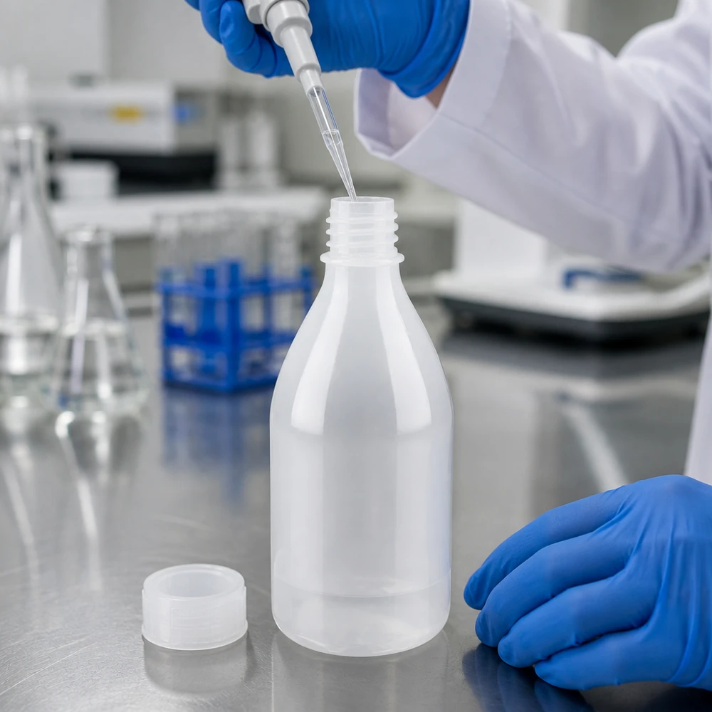 100ml Laborflasche Enghals ohne Verschluss 100ml Enghals-Laborflasche aus Kunststoff für professionellen Laboreinsatz bei Pacadura.de