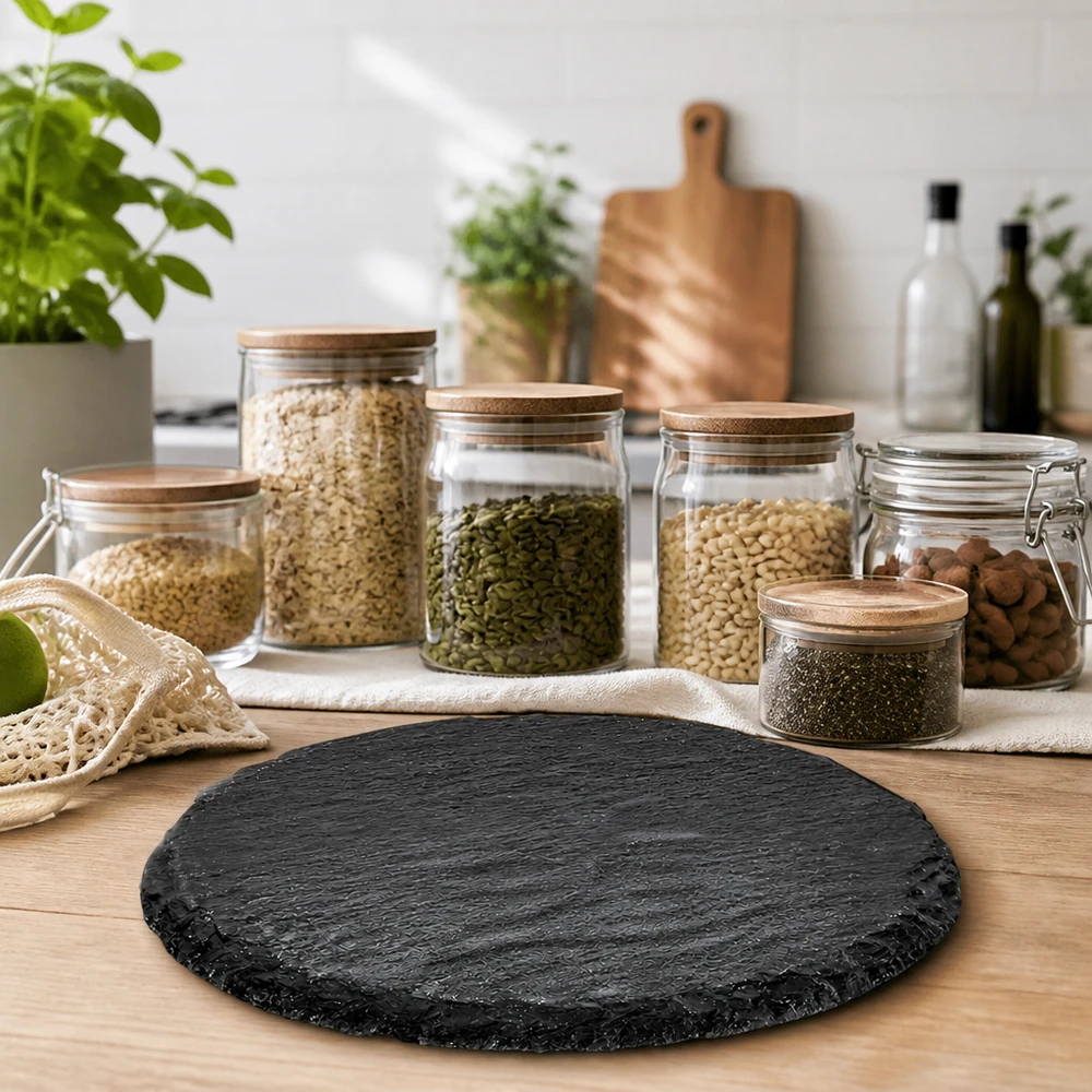 Servierplatte aus Schiefer rund ø150mm Runde Schieferplatte 150mm auf Holztisch in nachhaltiger Zero-Waste-Küche mit Vorratsgl盲sern und Kräutern