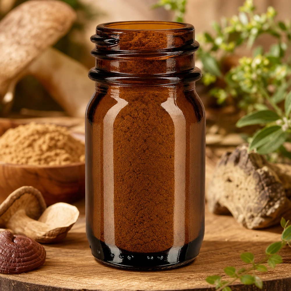 30ml Braunglas Weithalsflasche für professionelle Anwendung mit braunem Pulver auf Holzuntergrund bei Pacadura