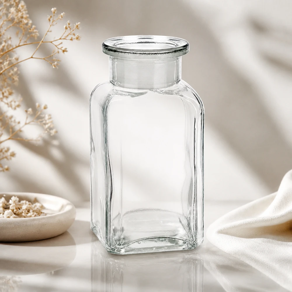 Vierkantflasche 100ml Klarglas Weithals mit Glasstopfen für gewerbliche Abfüllung Pacadura