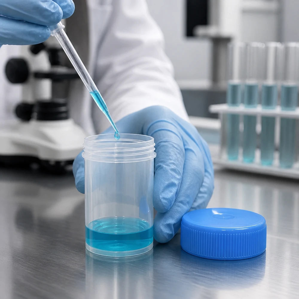 Laborant befüllt 20ml Universal Kunststoffdose Pathogefäß mit blauer Pipette im professionellen Labor