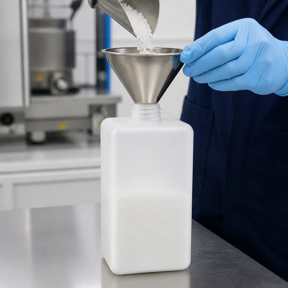 Chemikalienflasche 1500ml PE-HD Enghals GL 32 beim Befüllen mit Granulat im Laboreinsatz