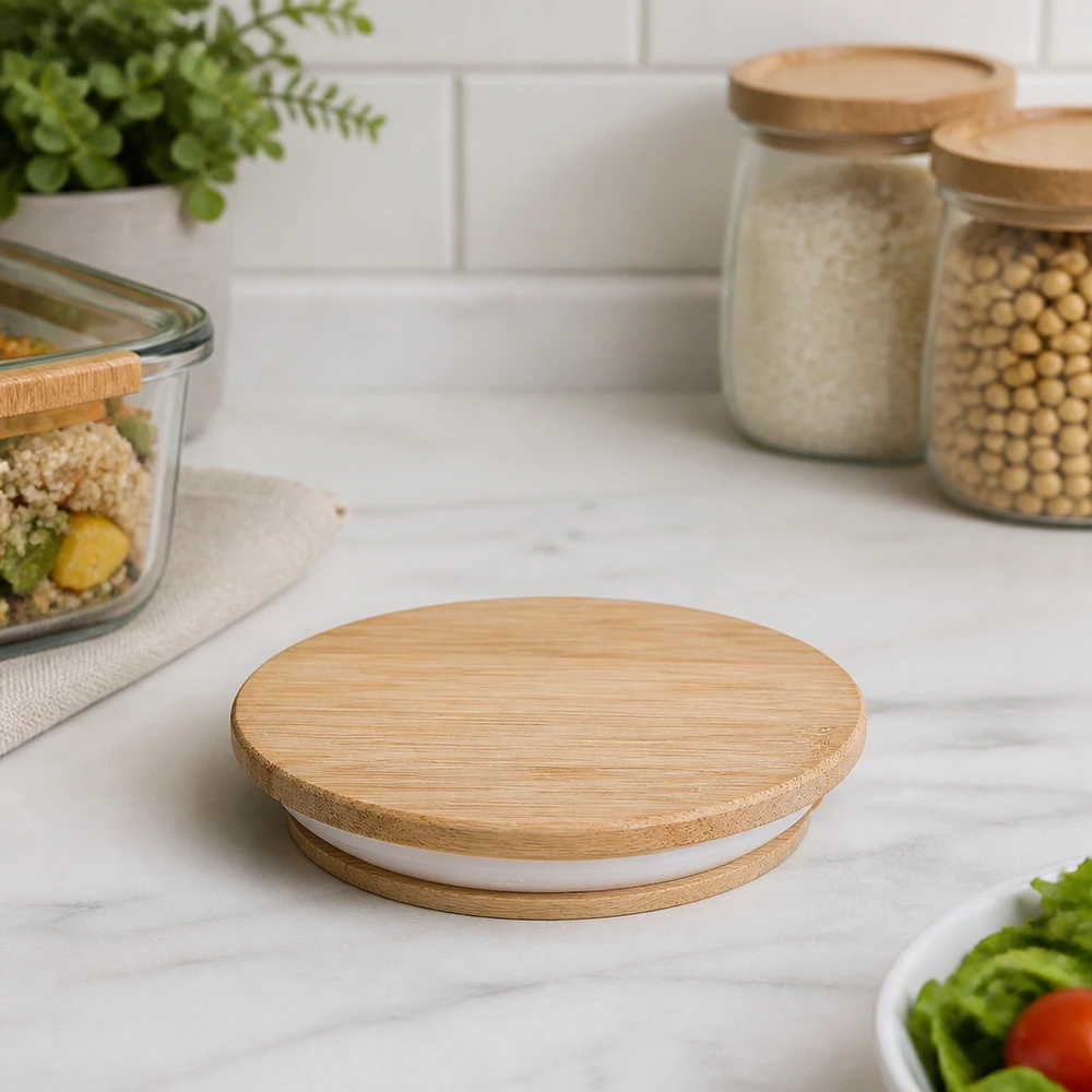 Holzdeckel (Buche) unbedruckt für WECK RR80 WECK Holzdeckel RR80 auf Marmorarbeitsplatte mit Vorratsgläsern und Meal-Prep-Behältern in moderner Küche