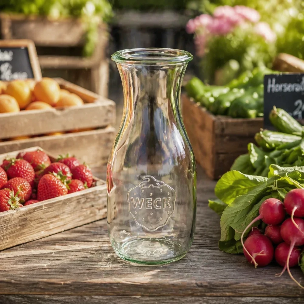 530ml Saftflasche WECK RR60 WECK Saftflasche 530ml RR60 auf Holztisch mit frischen Erdbeeren Radieschen und Gemüse in rustikaler Küche