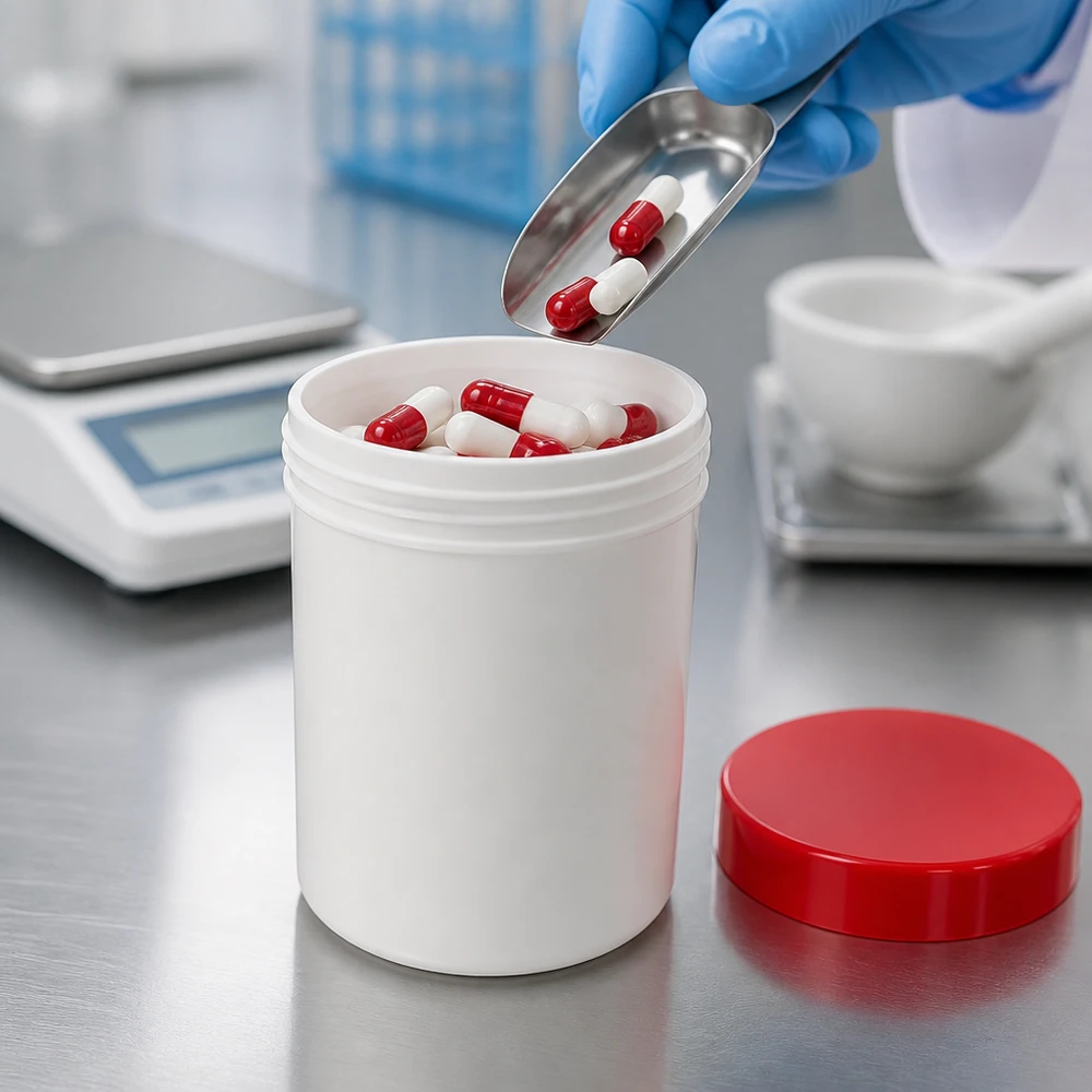 Salbenkruke 300g weiß mit rotem Schraubdeckel (Polypropylen) Salbenkruke 300g weiß mit rotem PP-Schraubdeckel für pharmazeutische Abfüllung im Labor