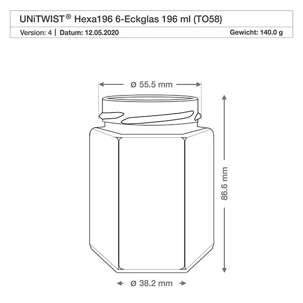 196ml Hexaglas ohne Deckel (TO58) UNiTWIST UNiTWIST Hexa196 sechseckiges Einmachglas 196ml TO58 Gewinde technische Zeichnung mit Maßen 55,5mm Durchmesser