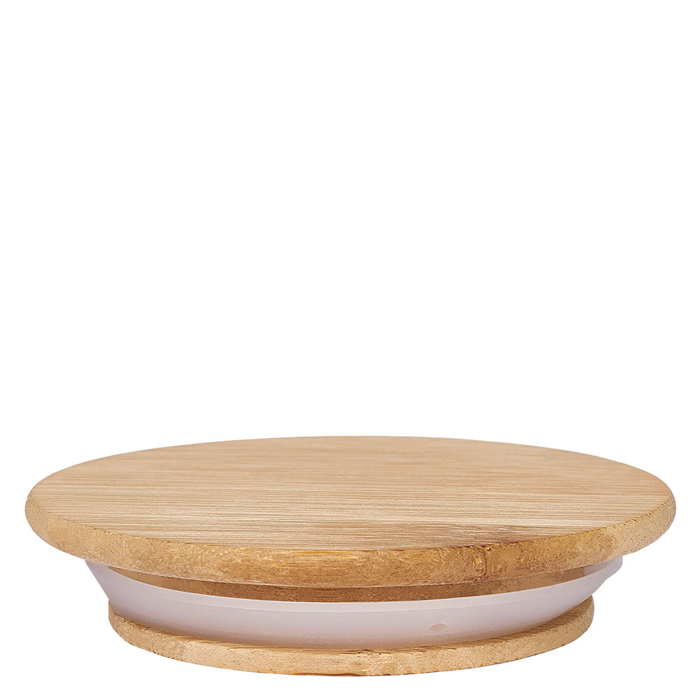 WECK Holzdeckel RR60 Seitenansicht zeigt natürliche Holzmaserung und weißen Gummiring für optimale Abdichtung