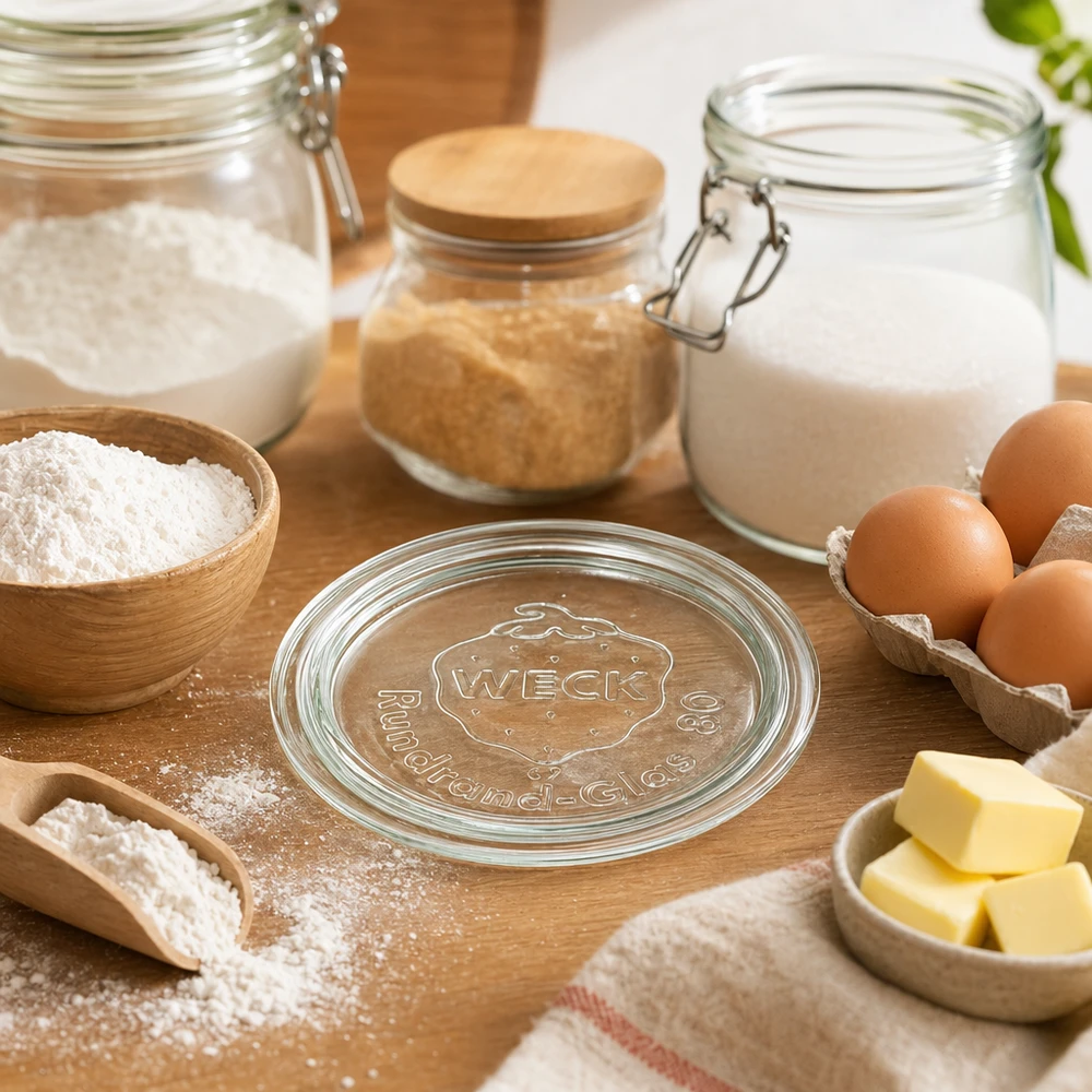WECK Glasdeckel RR80 inmitten von Backzutaten wie Mehl Eiern Butter und Milch in rustikaler Küche auf Holztisch