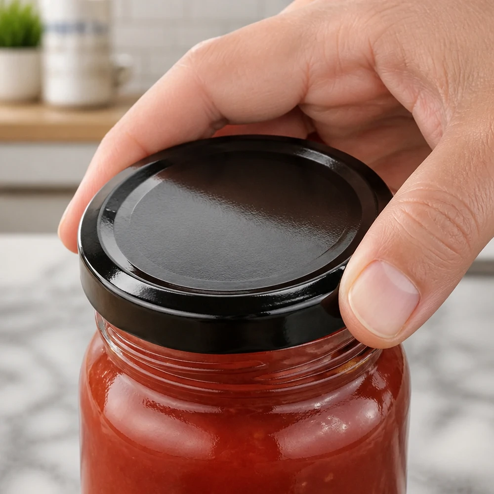 58mm BasicSeal Twist-Off Deckel TO58deep schwarz auf Einmachglas mit Tomatensauce Großhandel Pacadura