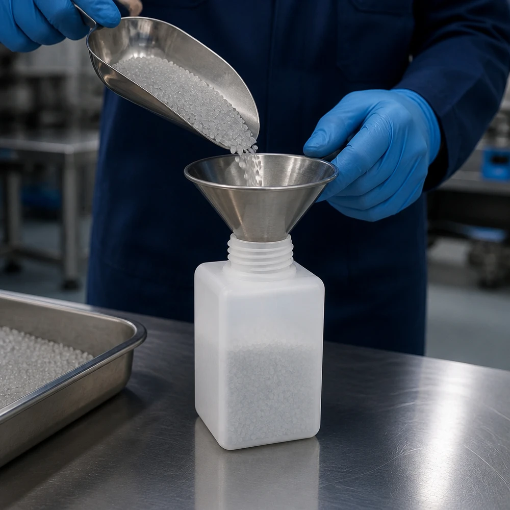 Chemikalienflasche 100ml, Enghals aus PE-HD, GL 25 Chemikalienflasche 100ml Enghals PE-HD GL25 beim Befüllen mit Granulat im Labor